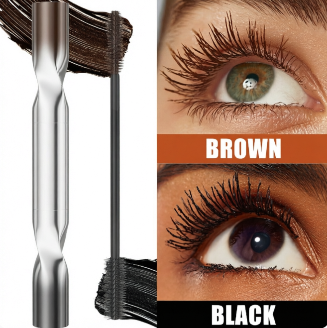 Dual-Color Double Effect Mascara - Instant Length & HD Volume - Waterproof Black & Coffee Brown Duo for Natural 3D Lashes - All-Day Wear & No Clumping