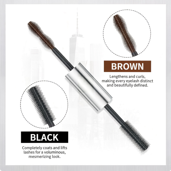 Dual-Color Double Effect Mascara - Instant Length & HD Volume - Waterproof Black & Coffee Brown Duo for Natural 3D Lashes - All-Day Wear & No Clumping