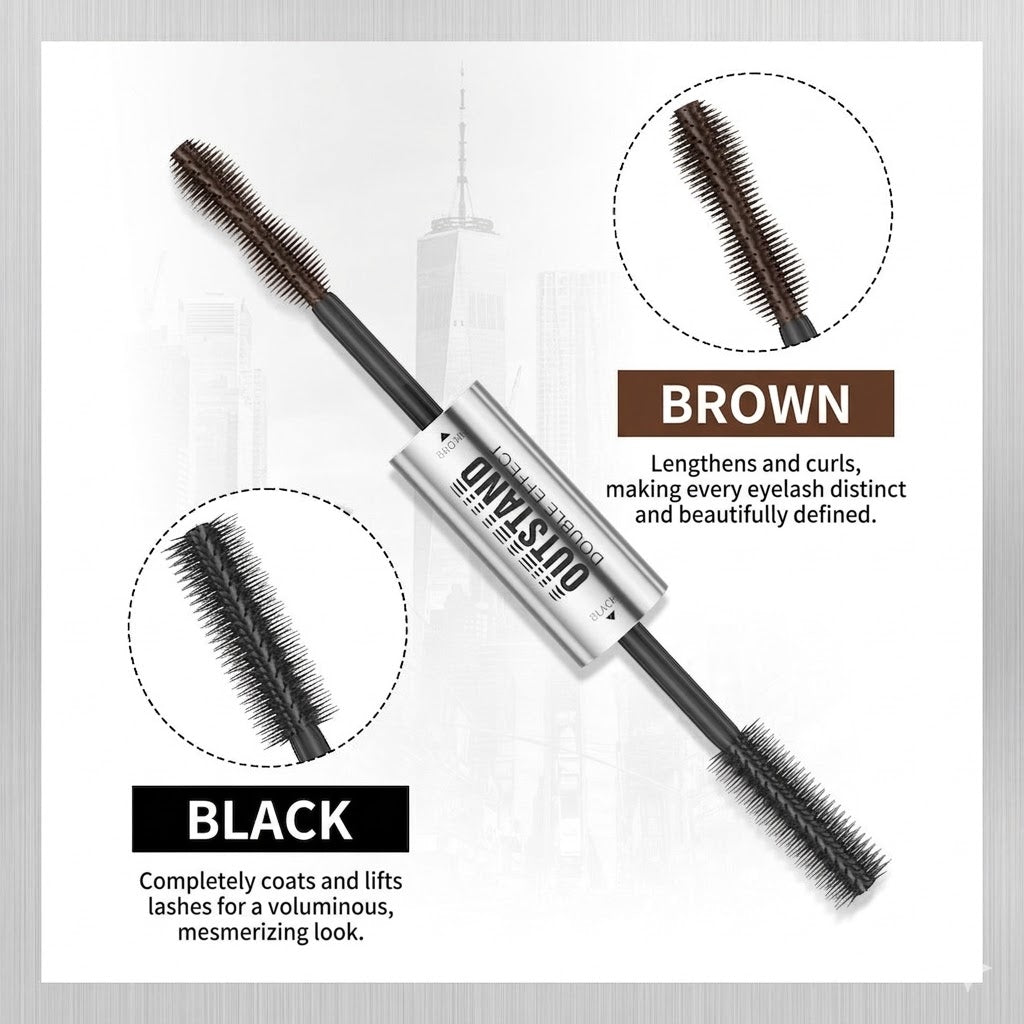 Dual-Color Double Effect Mascara - Instant Length & HD Volume - Waterproof Black & Coffee Brown Duo for Natural 3D Lashes - All-Day Wear & No Clumping