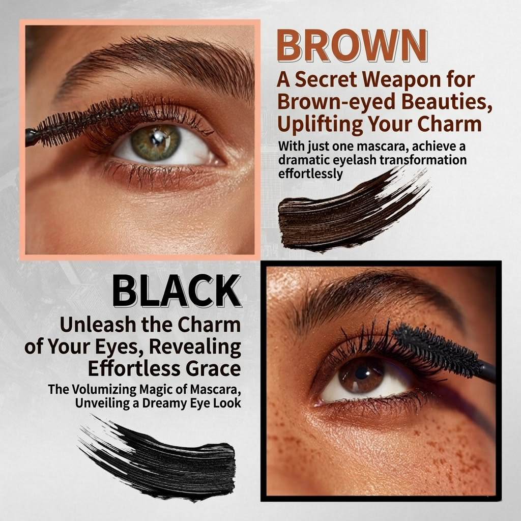 Dual-Color Double Effect Mascara - Instant Length & HD Volume - Waterproof Black & Coffee Brown Duo for Natural 3D Lashes - All-Day Wear & No Clumping